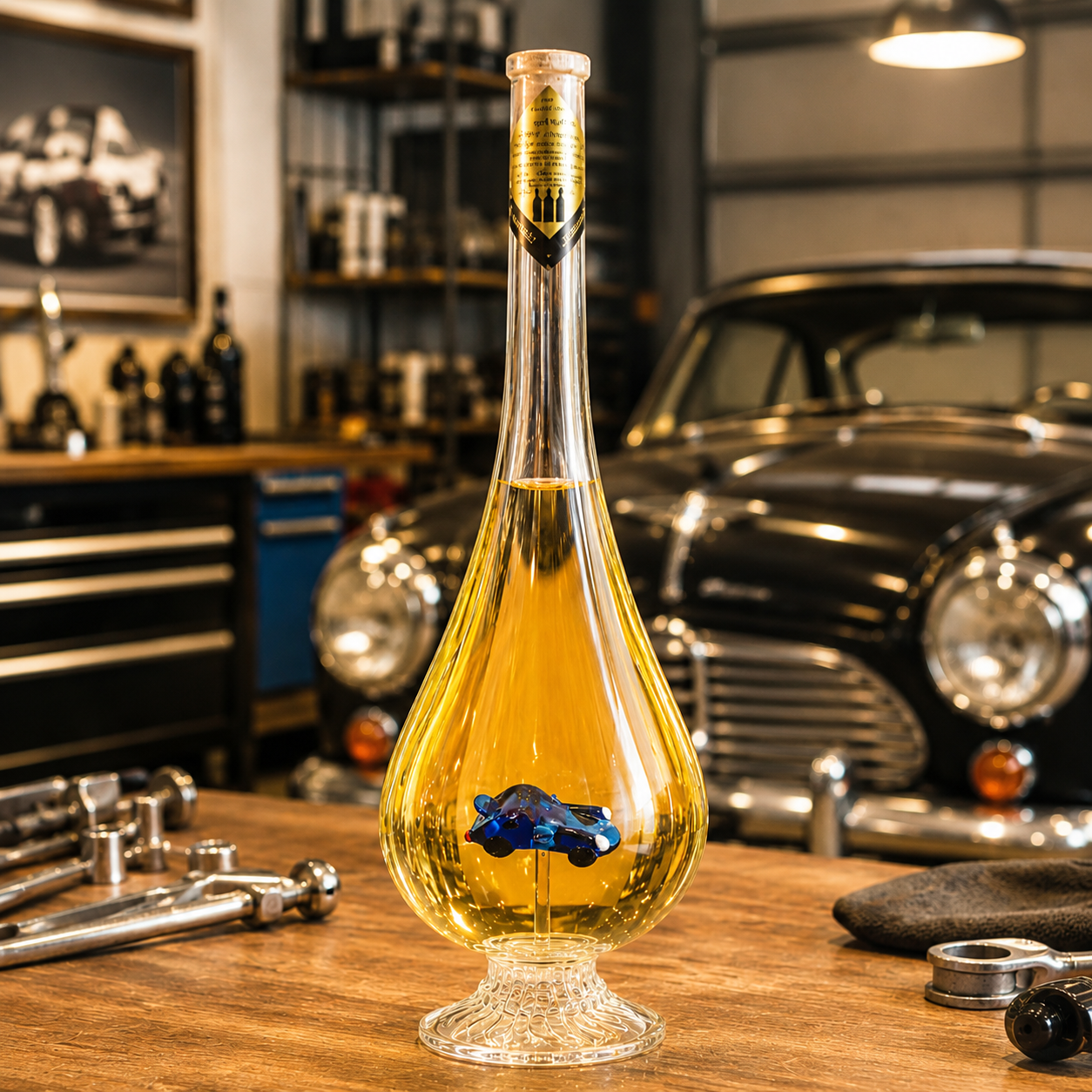 Dekorativní láhev ve tvaru kapky s vozem Porsche uvnitř (0,5 l)